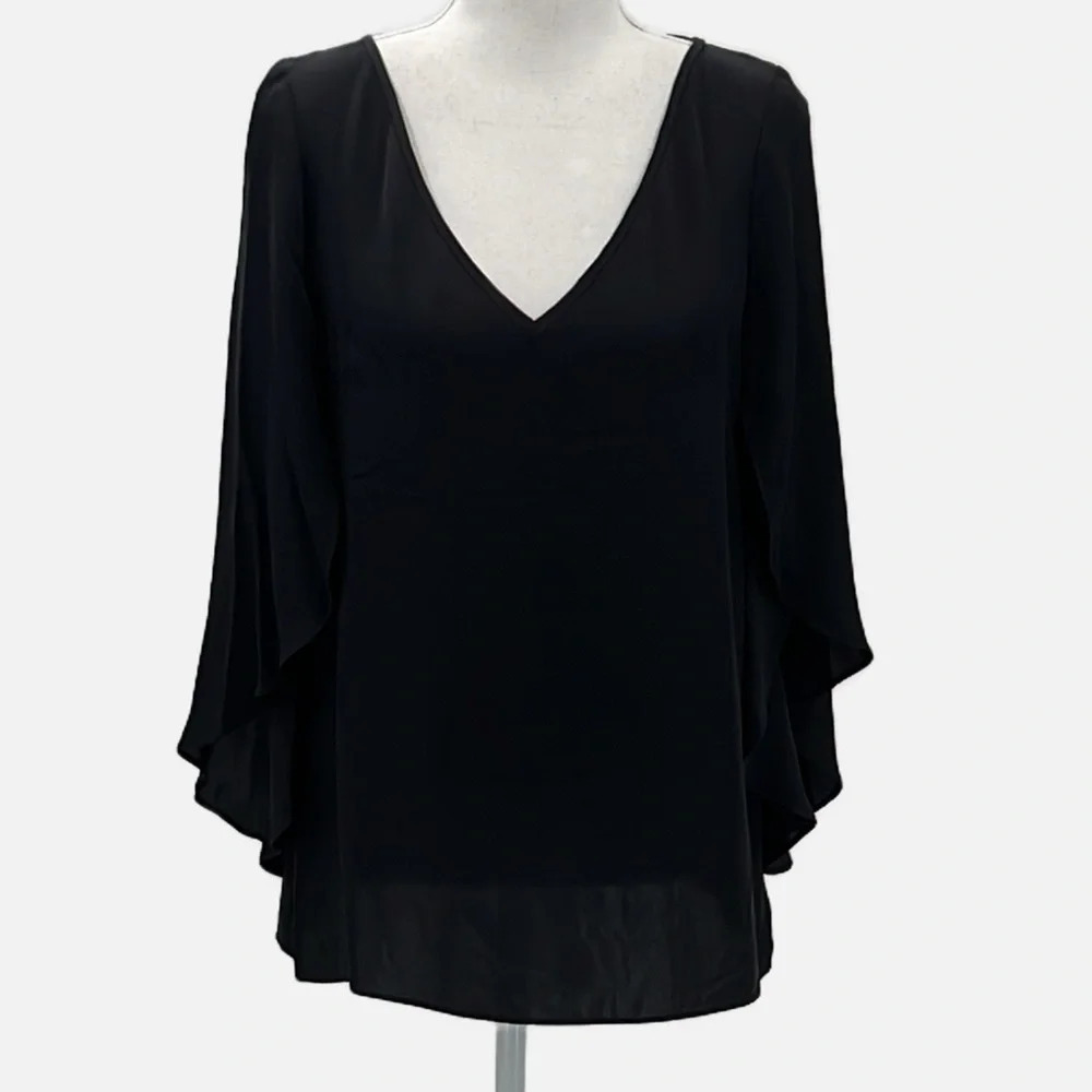 Milly Stretch Silk Butterfly Sleeve V Neck Blouse in Black - Size 6